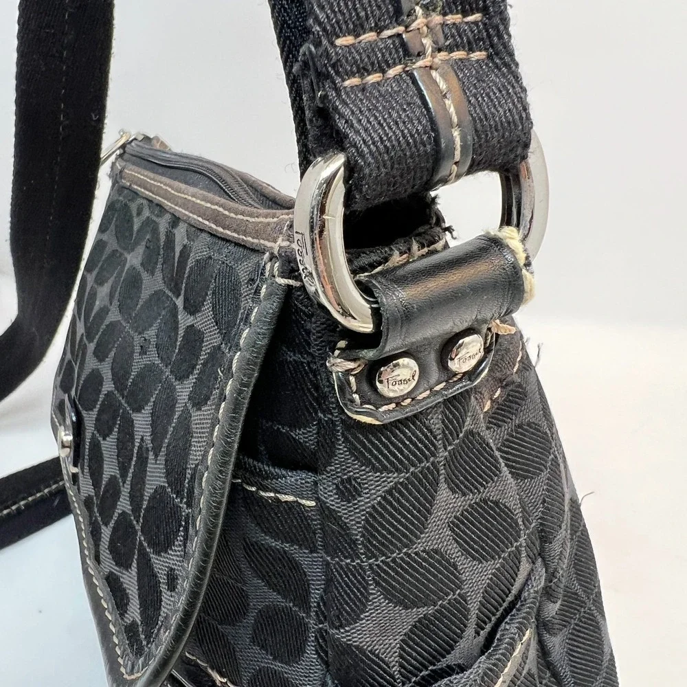 FOSSIL Marlowe Black Fabric Crossbody Purse‎ Pockets Key Charm